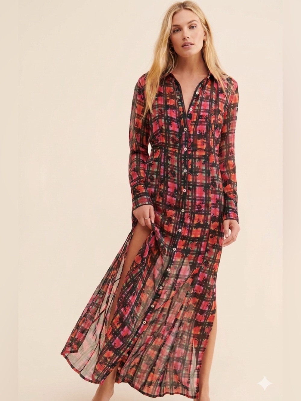 Free People/UO Jerra Maxi 2 in one Shirtdress Plaid-Small